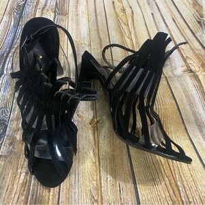 NEW Mackin J Black Leather Caged 4 1/2” Stiletto Slingback Heels